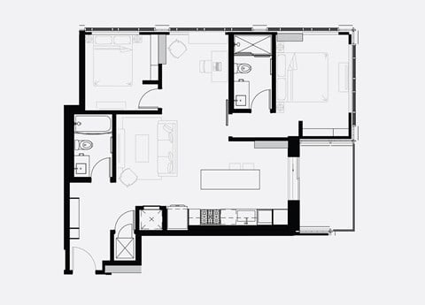 Floor plan for 2 beds, 2 baths, 910 sqft